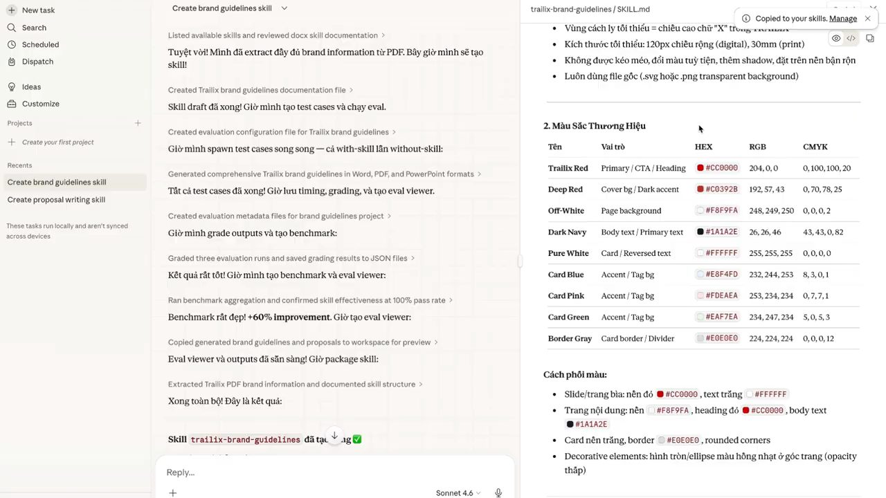 File SKILL.md của trailix-brand-guidelines, phần Màu sắc thương hiệu với bảng mã HEX, RGB, CMYK, và thông báo Copied to your skills