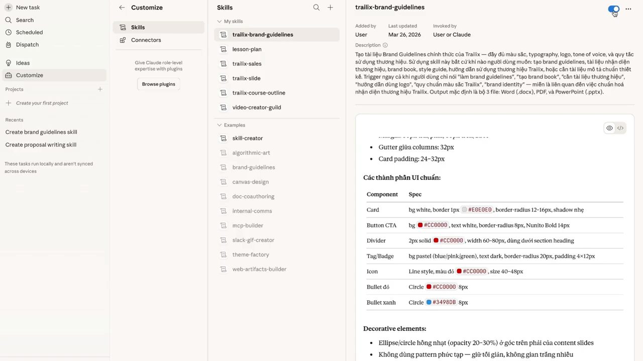 Trang Customize, mục Skills với danh sách My skills, Examples và chi tiết skill trailix-brand-guidelines