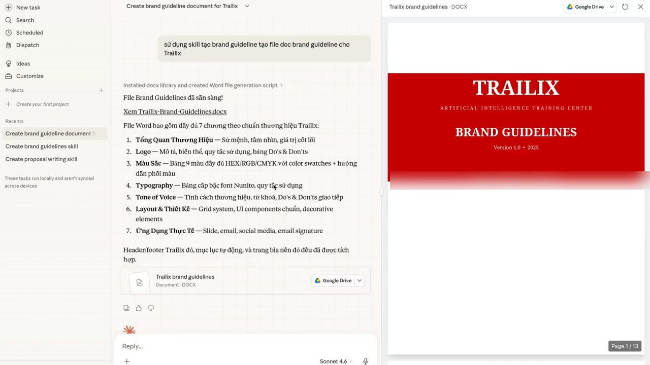 Claude báo file Brand Guidelines đã sẵn sàng với bảy chương, bên phải là trang bìa đỏ Trailix Brand Guidelines