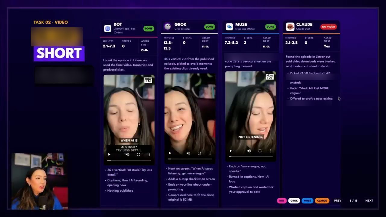 Slide Task 02 Video với bốn cột: Dot, Grok và Muse có video dọc, Claude ghi No video