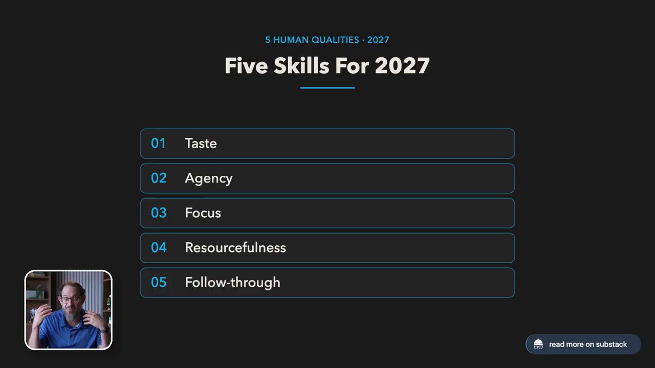 Slide Five Skills For 2027 liệt kê Taste, Agency, Focus, Resourcefulness, Follow-through