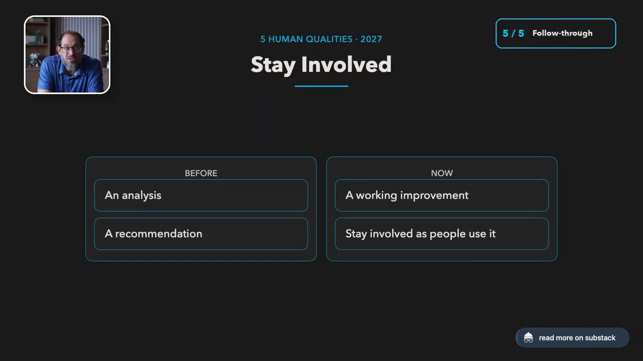 Slide Stay Involved so sánh Before: an analysis, a recommendation với Now: a working improvement, stay involved as people use it