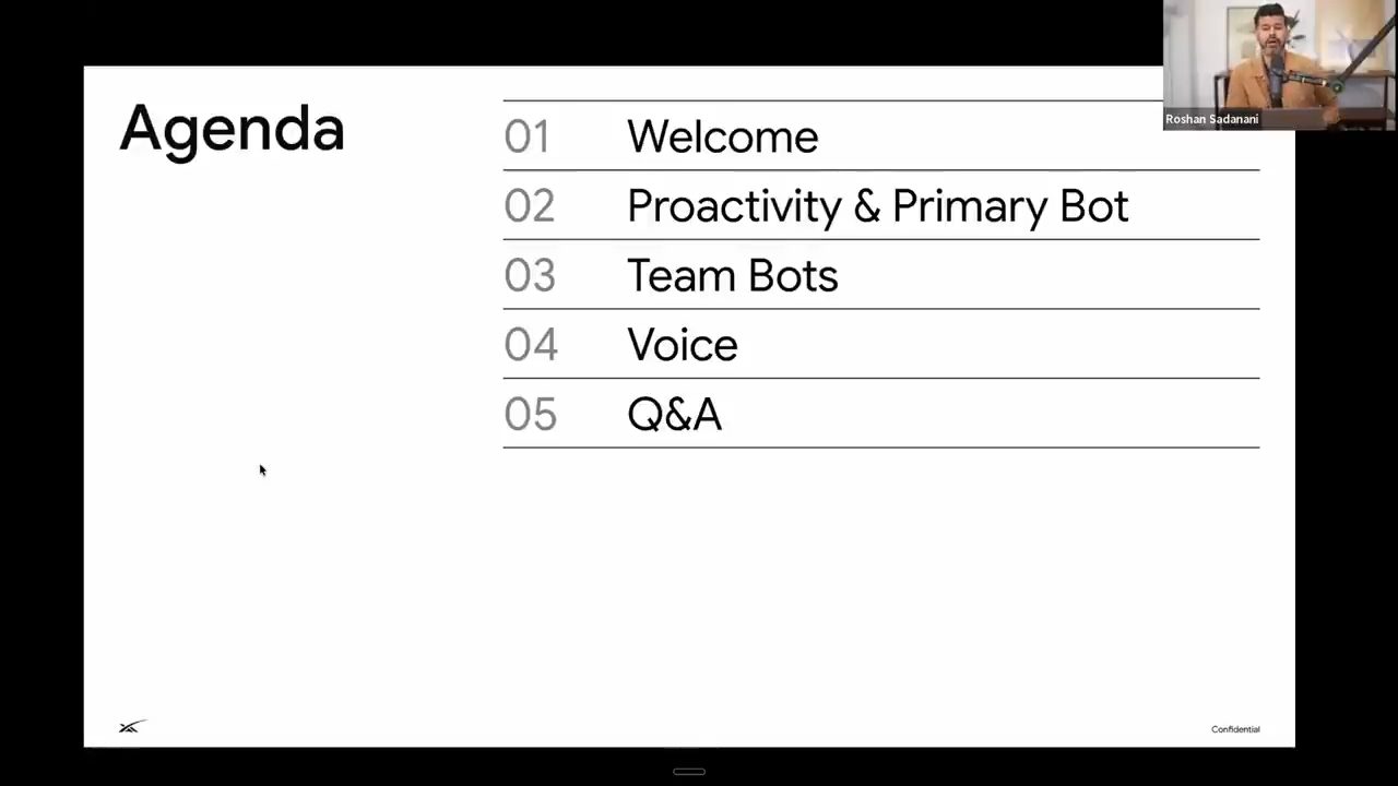 Slide Agenda: Welcome, Proactivity & Primary Bot, Team Bots, Voice, Q&A
