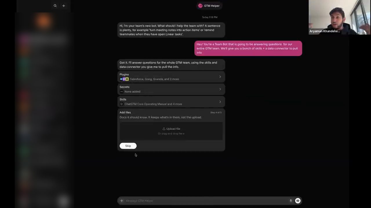 Bước Add files với các mục Plugins, Secrets, Skills đã cấu hình