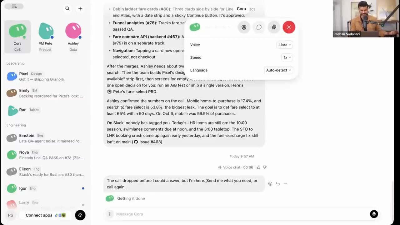 Cửa sổ chat với Cora, bảng cài đặt voice: Voice Liora, Speed 1x, Language Auto-detect
