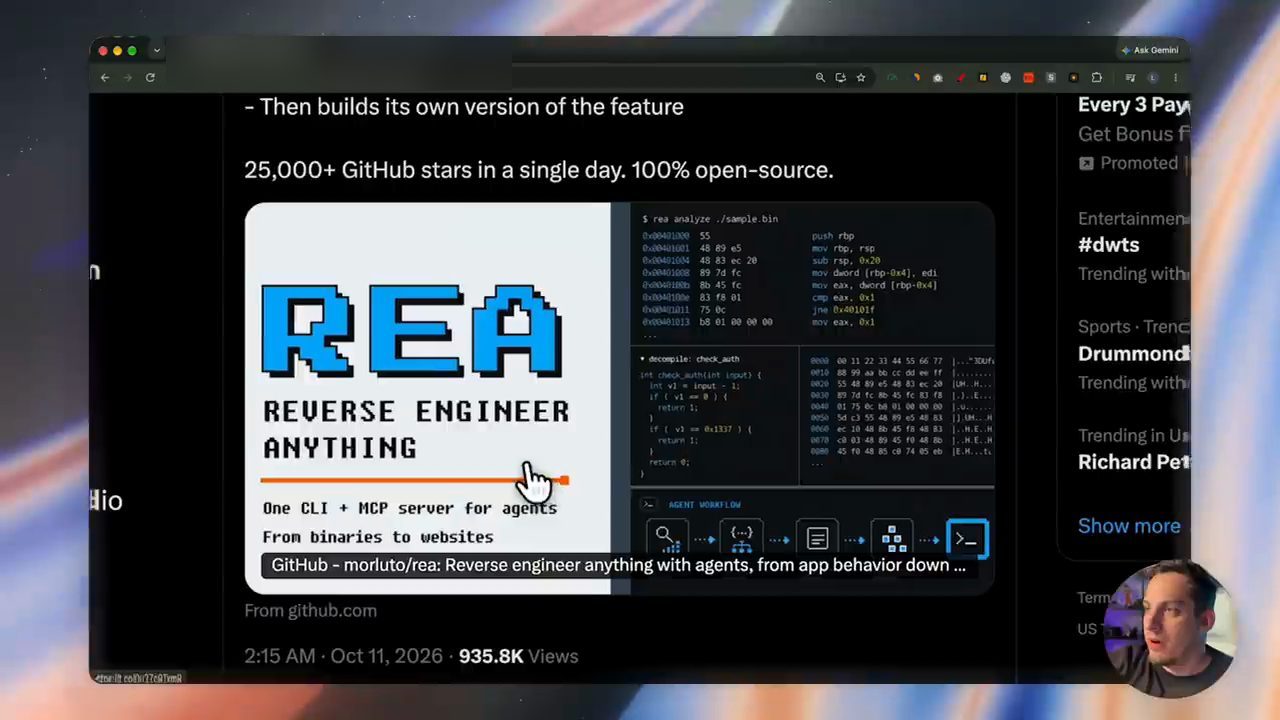 Bài đăng trên X giới thiệu REA, Reverse Engineer Anything, với dòng One CLI + MCP server for agents