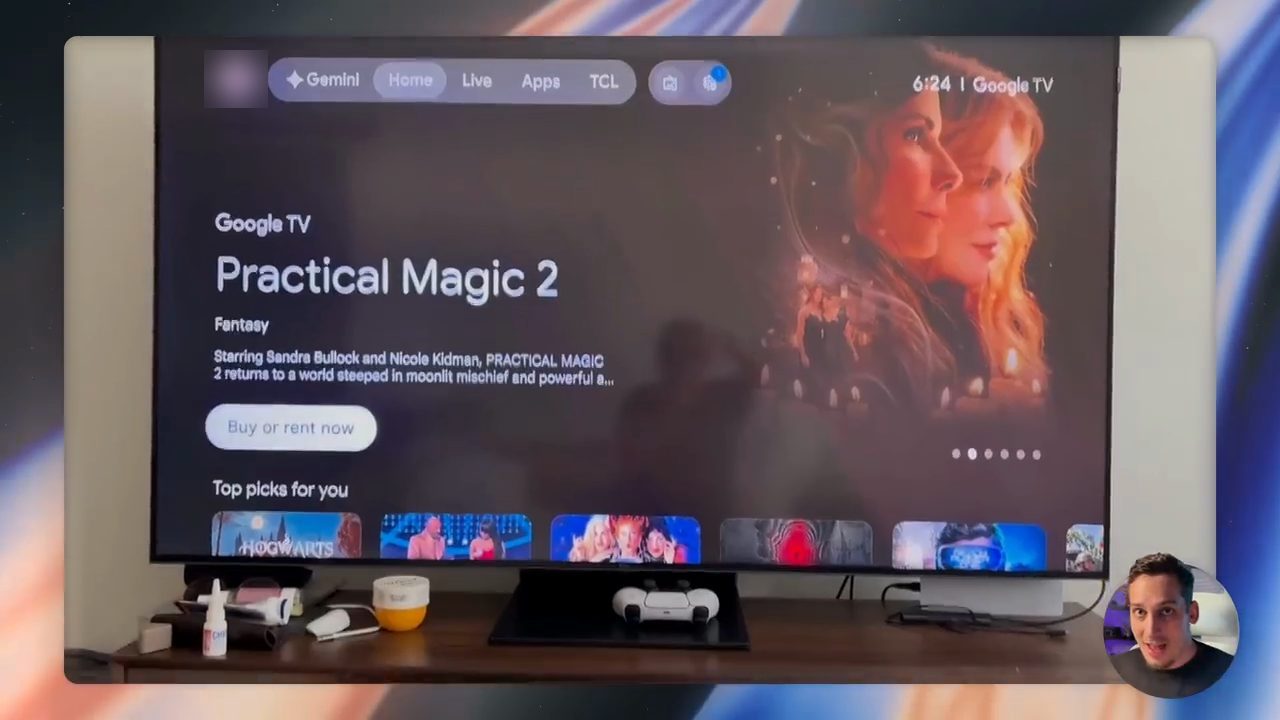 Màn hình Google TV gốc trên TV của Lukas với banner phim lớn và hàng Top picks for you
