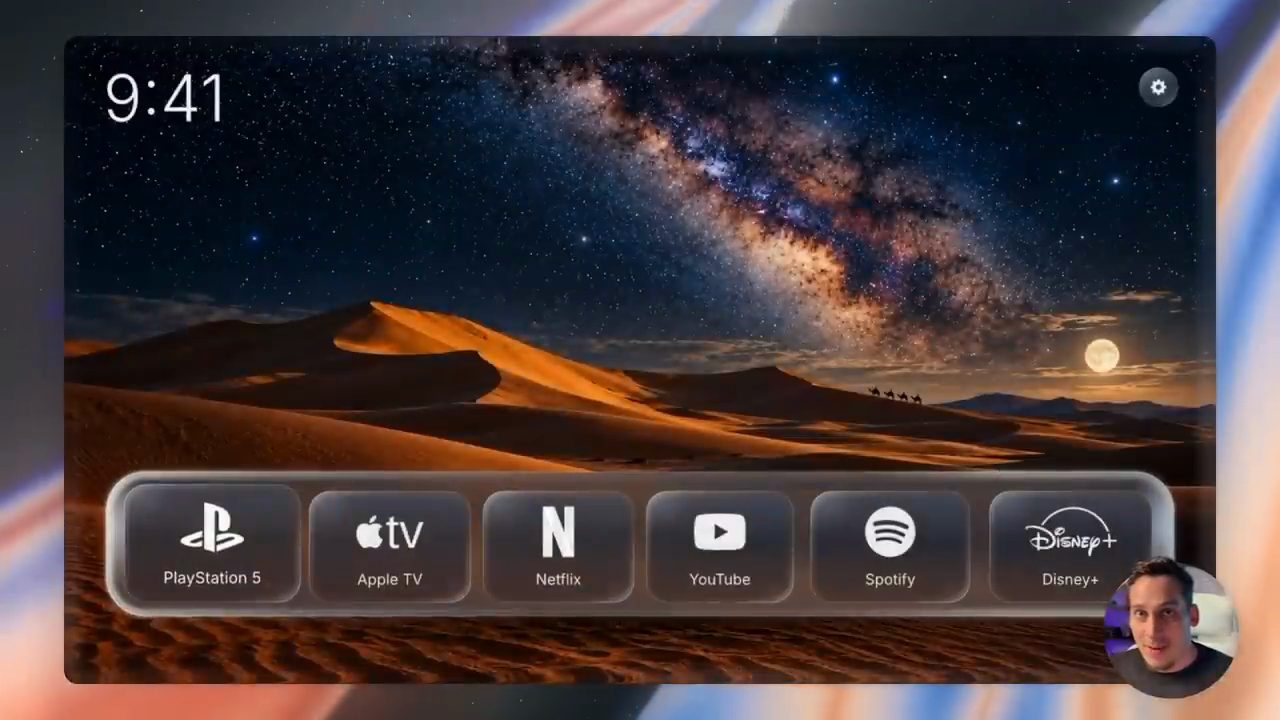 Home screen tự làm: ảnh nền sa mạc dưới dải ngân hà, đồng hồ 9:41 và một dock các app