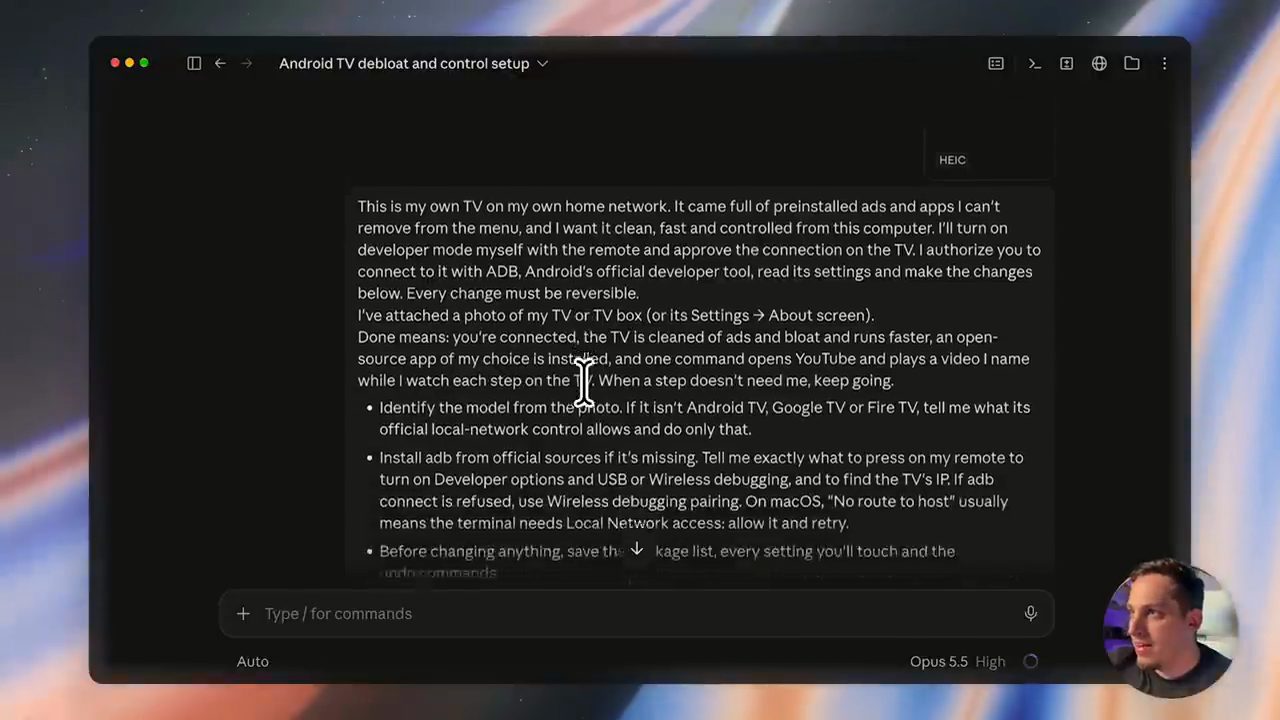 Cửa sổ Claude Code với cuộc hội thoại Android TV debloat and control setup, prompt setup vừa được dán vào