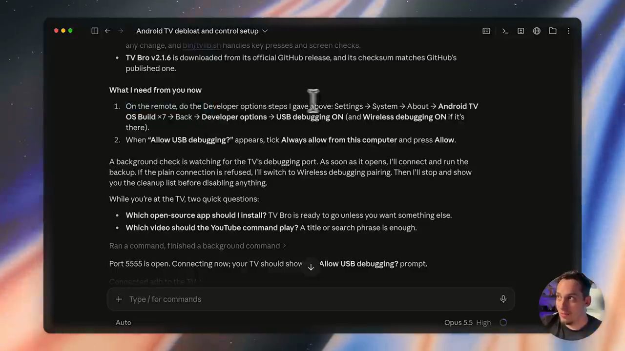 Claude Code liệt kê mục What I need from you now với các bước bật Developer options và USB debugging