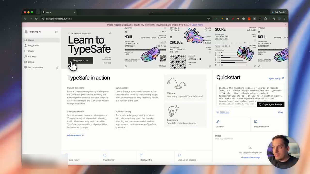 Trang console của TypeSafe AI với tiêu đề Learn to TypeSafe và khung Quickstart có nút Copy Agent Prompt