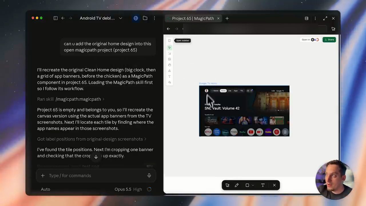Claude Code bên trái, MagicPath bên phải với bản dựng lại home screen Google TV