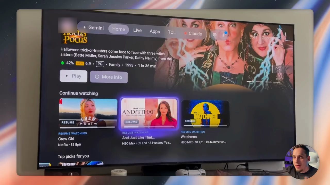 TV thật hiển thị variant mới: banner Hocus Pocus, hàng Continue watching với một ô đang phát sáng, và tab Claude trên thanh điều hướng