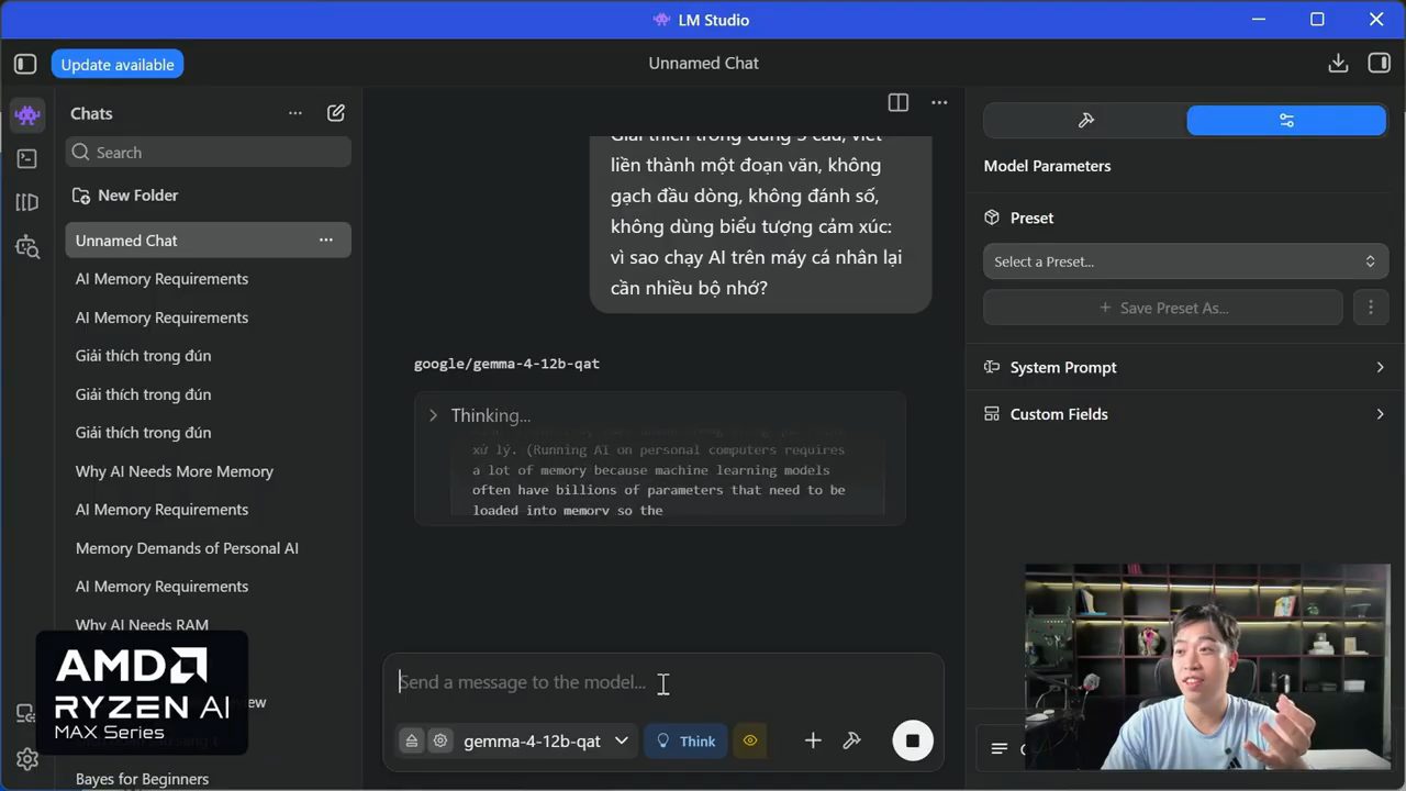 google/gemma-4-12b-qat đang ở trạng thái Thinking trong LM Studio