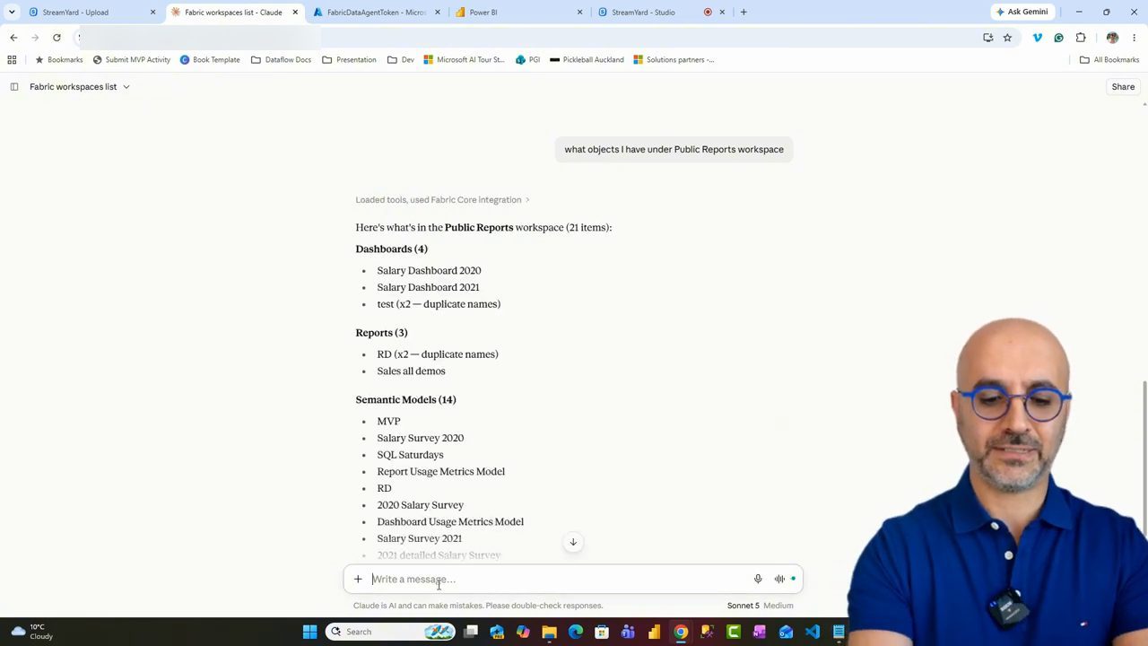 Claude liệt kê dashboard, report và semantic model trong workspace Public Reports