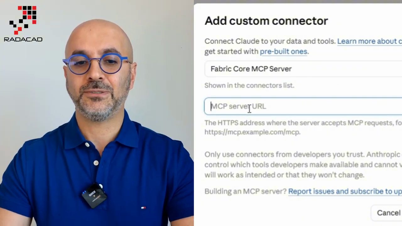 Hộp thoại Add custom connector của Claude, tên đã điền Fabric Core MCP Server