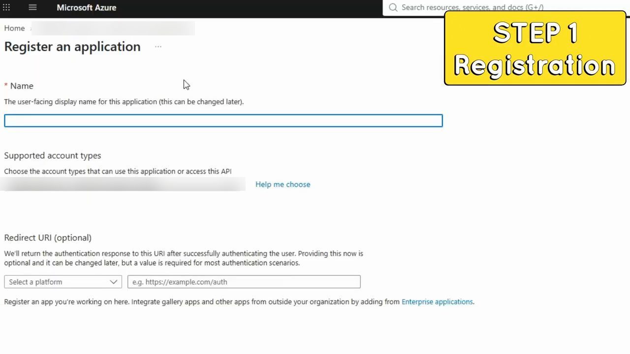 Màn hình Register an application trong Microsoft Azure, kèm nhãn STEP 1 Registration