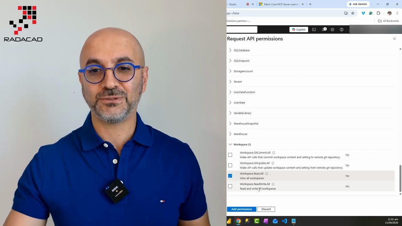 Bảng Request API permissions, nhóm Workspace với ô Workspace.Read.All được chọn