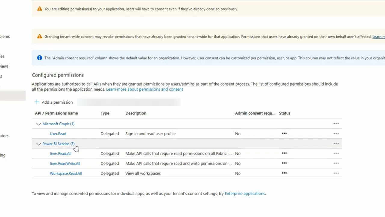 Danh sách Configured permissions gồm User.Read và ba quyền Power BI Service