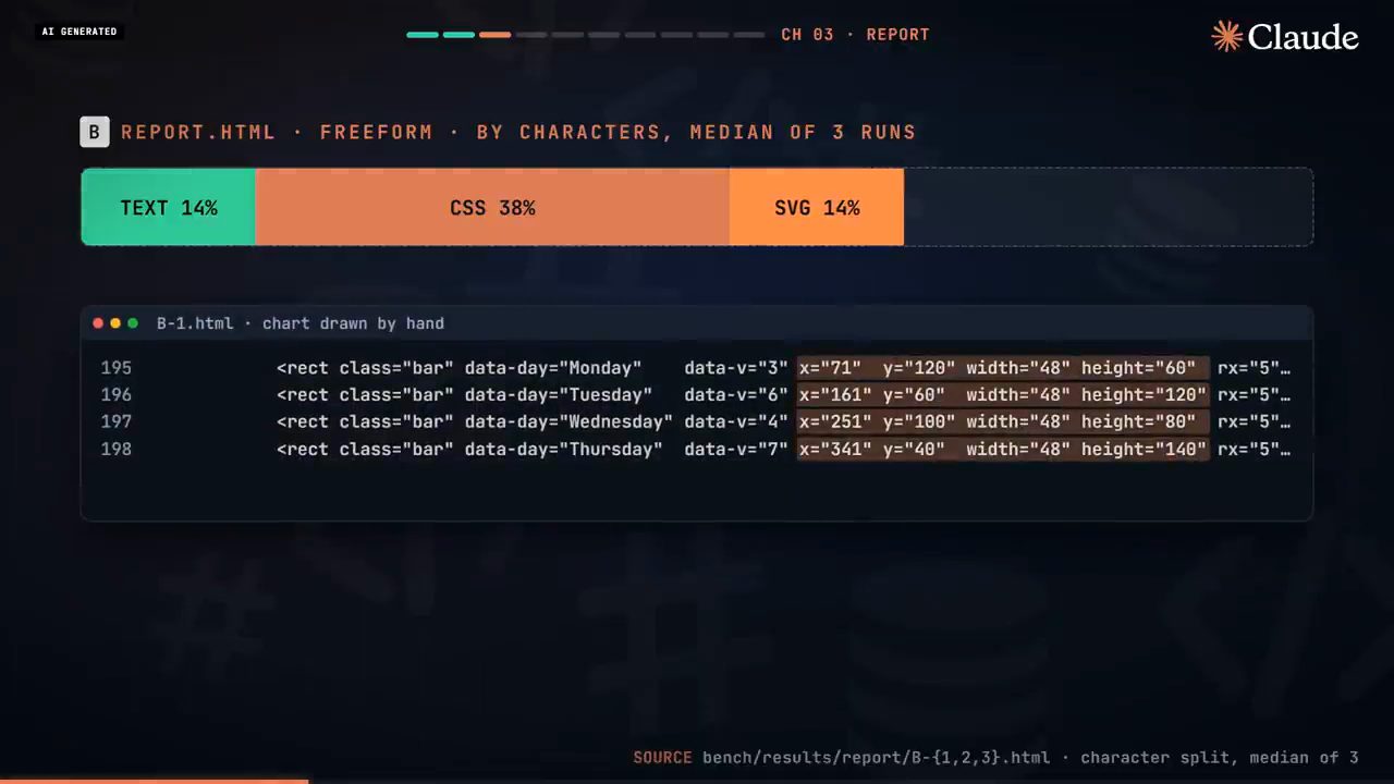 Thanh chia ký tự của report freeform: text 14%, CSS 38%, SVG 14%, cùng đoạn code rect SVG vẽ tay