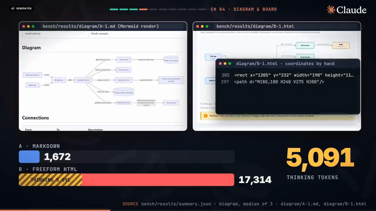 Sơ đồ kiến trúc bản Mermaid và bản freeform HTML, kèm 5.091 thinking token