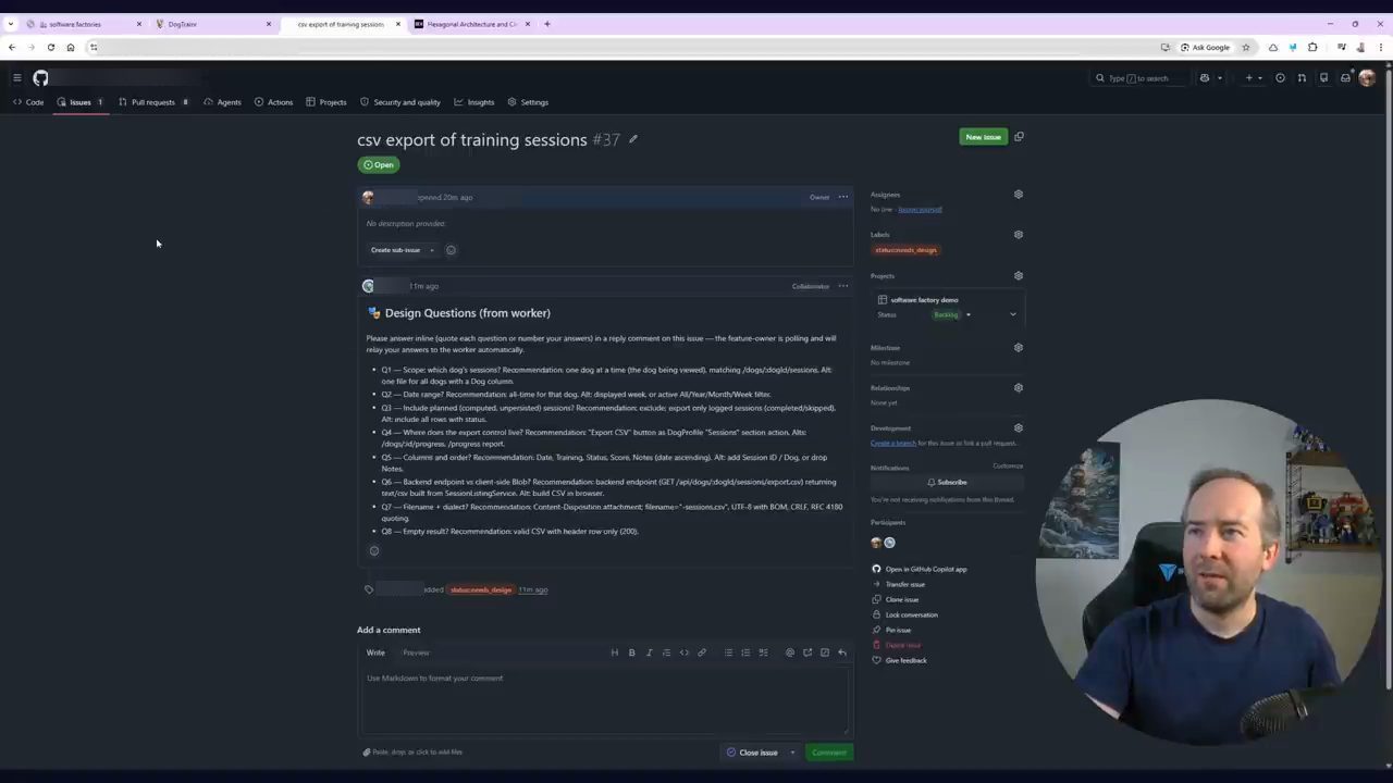 GitHub issue 37 csv export of training sessions với comment Design Questions (from worker) gồm tám câu hỏi Q1 đến Q8 kèm Recommendation và Alt