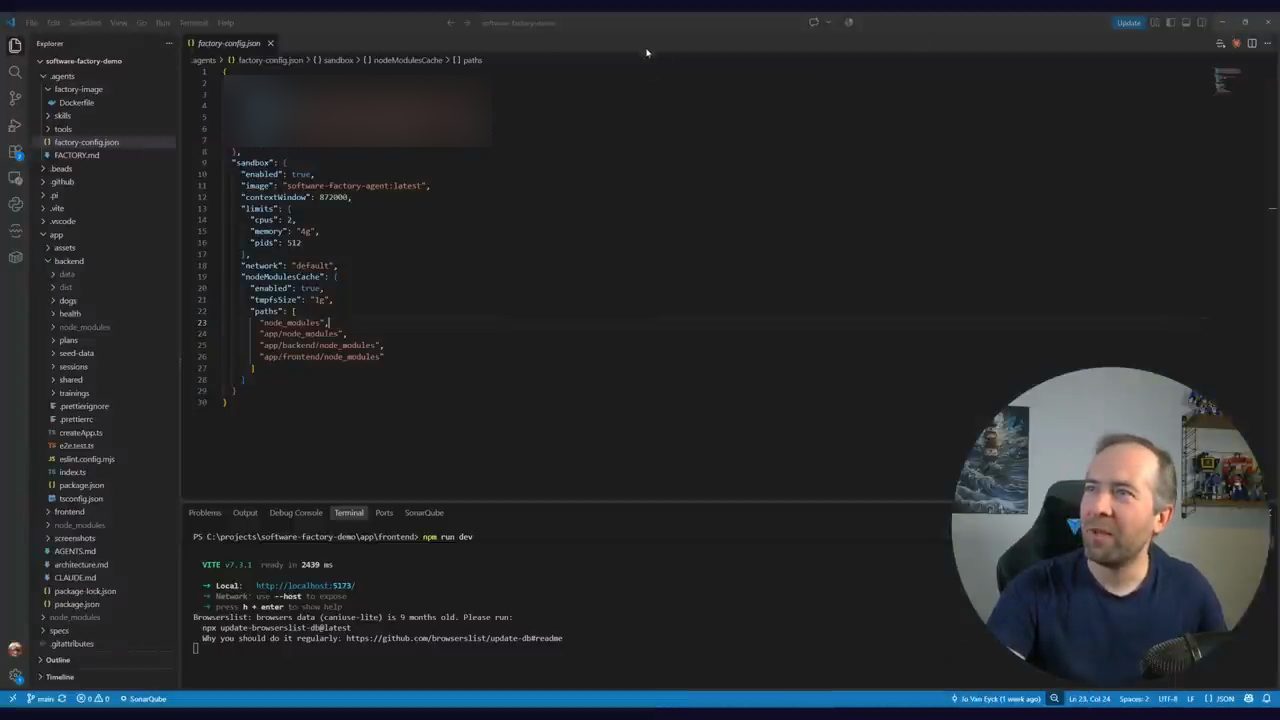 File factory-config.json mở trong VS Code với khối tiers và khối sandbox: enabled, image software-factory-agent:latest, contextWindow, limits cpus memory pids, network, nodeModulesCache