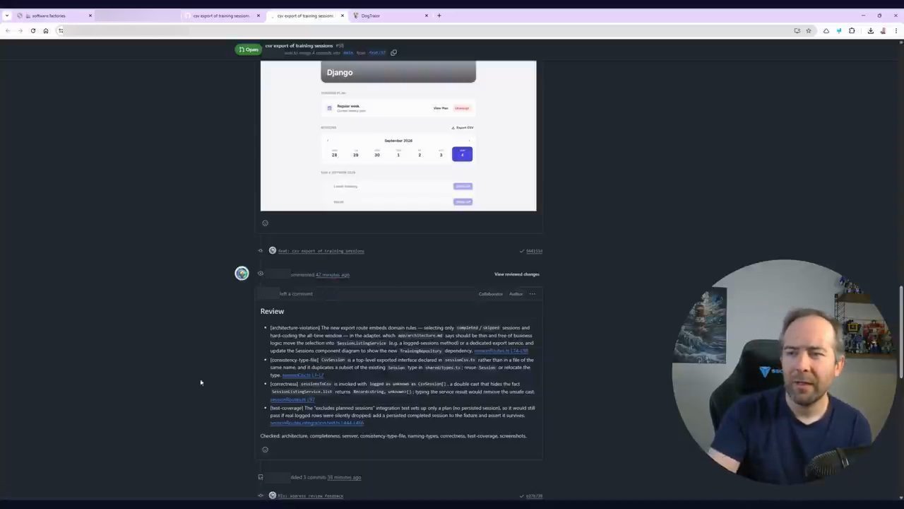 Comment Review của agent reviewer trên pull request 38 với bốn mục architecture-violation, consistency-type-file, correctness, test-coverage