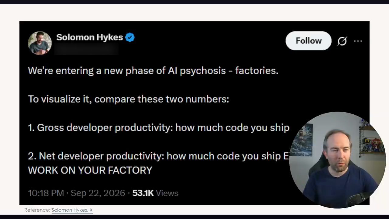 Tweet của Solomon Hykes ngày 22 tháng 9 năm 2026 về một giai đoạn AI psychosis mới: factories, so sánh gross và net developer productivity