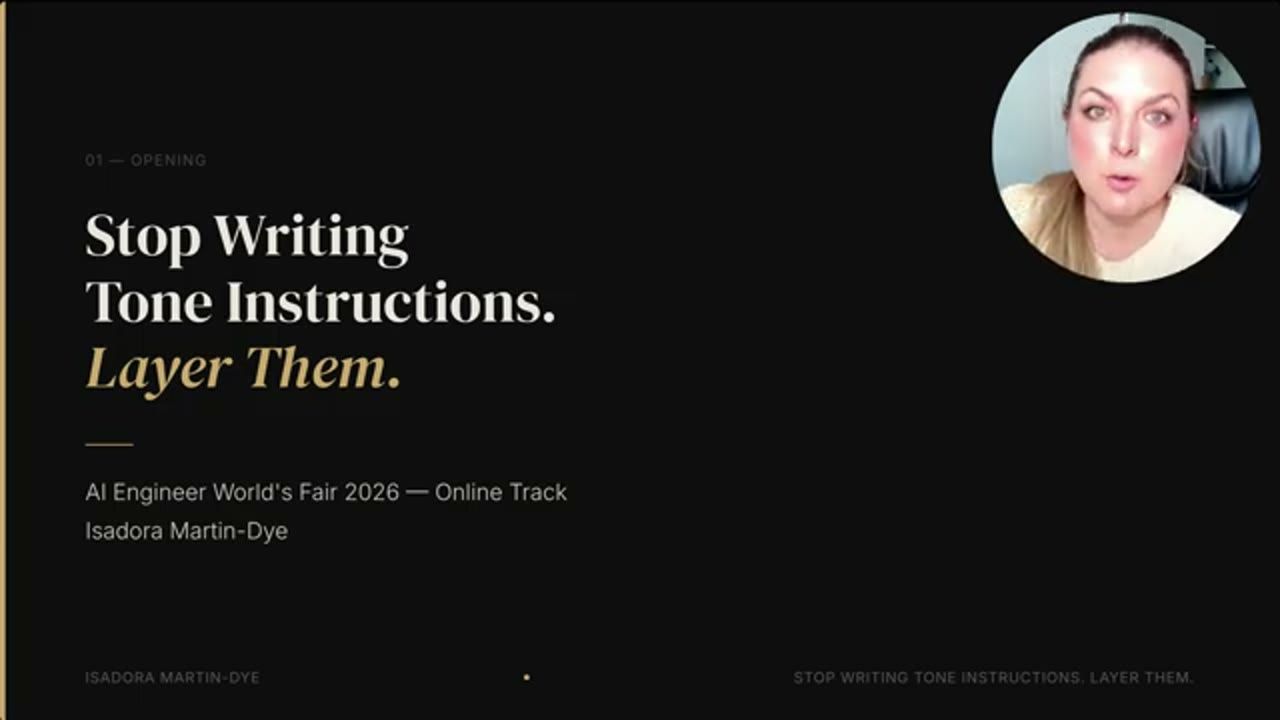 Slide mở đầu Stop Writing Tone Instructions. Layer Them., Isadora Martin-Dye