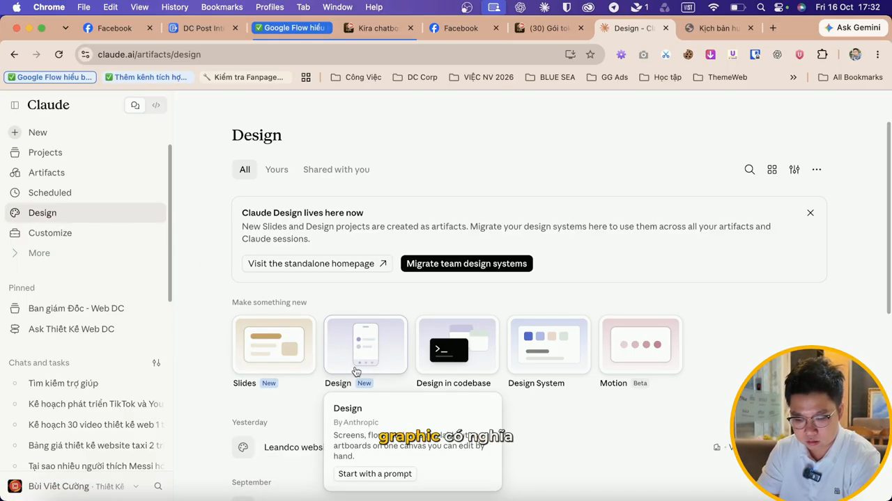 Trang Design của Claude với các thẻ Slides, Design, Design in codebase, Design System, Motion