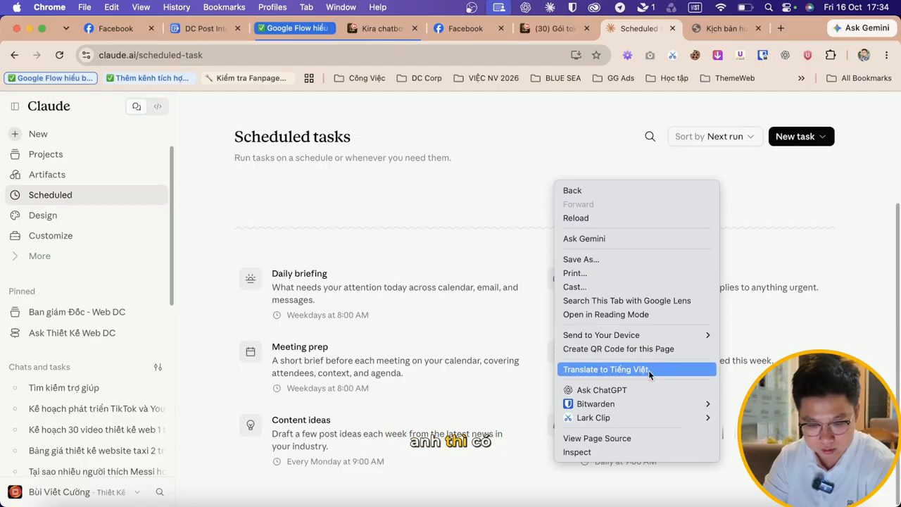 Trang Scheduled tasks với các mẫu Daily briefing, Meeting prep, Content ideas và menu chuột phải có mục Translate to Tiếng Việt
