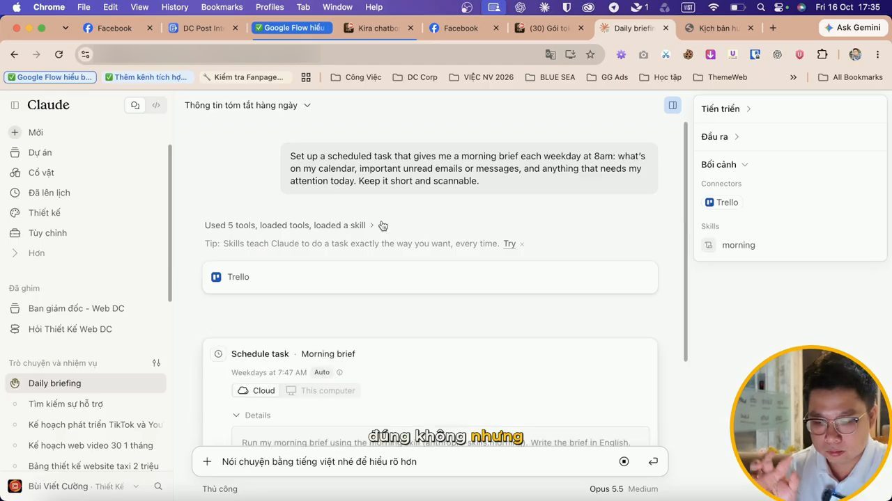 Phiên Cowork Daily briefing: câu lệnh morning brief, Trello, thẻ Schedule task Morning brief, ô nhập có câu nói chuyện bằng tiếng Việt