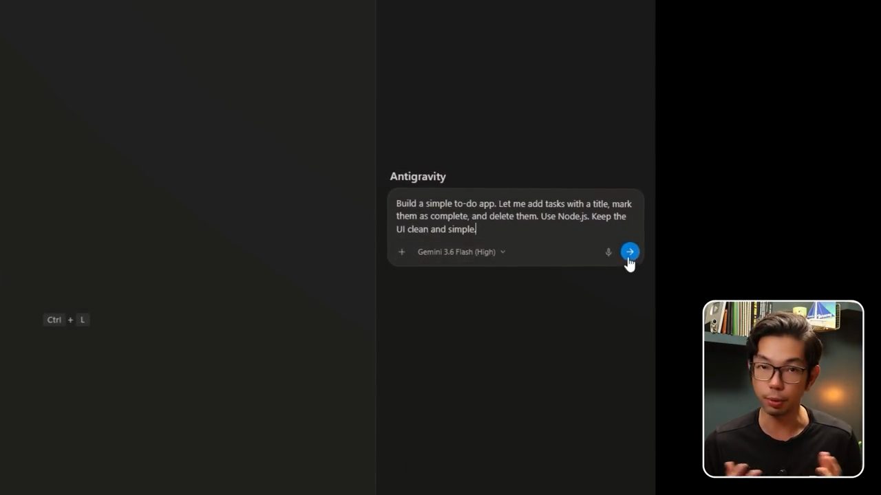 Ô chat của Antigravity chứa prompt build to-do app, model Gemini 3.6 Flash (High), con trỏ ở nút gửi