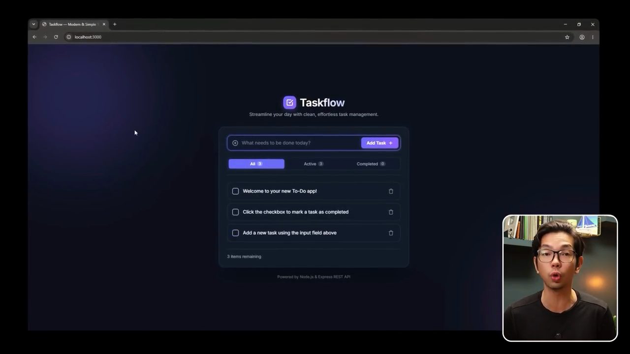 To-do app tên Taskflow mở ở localhost:3000 với ba task mẫu