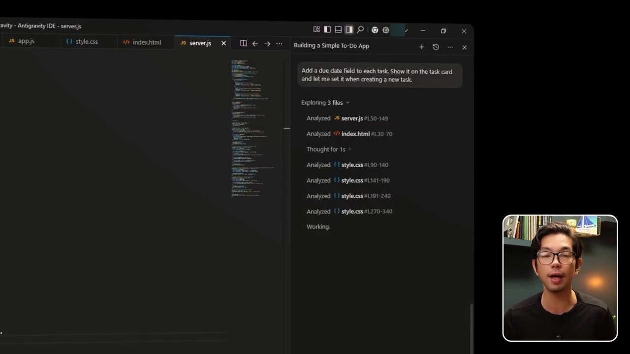 Panel agent của hội thoại Building a Simple To-Do App với prompt thêm due date và danh sách file đang được phân tích