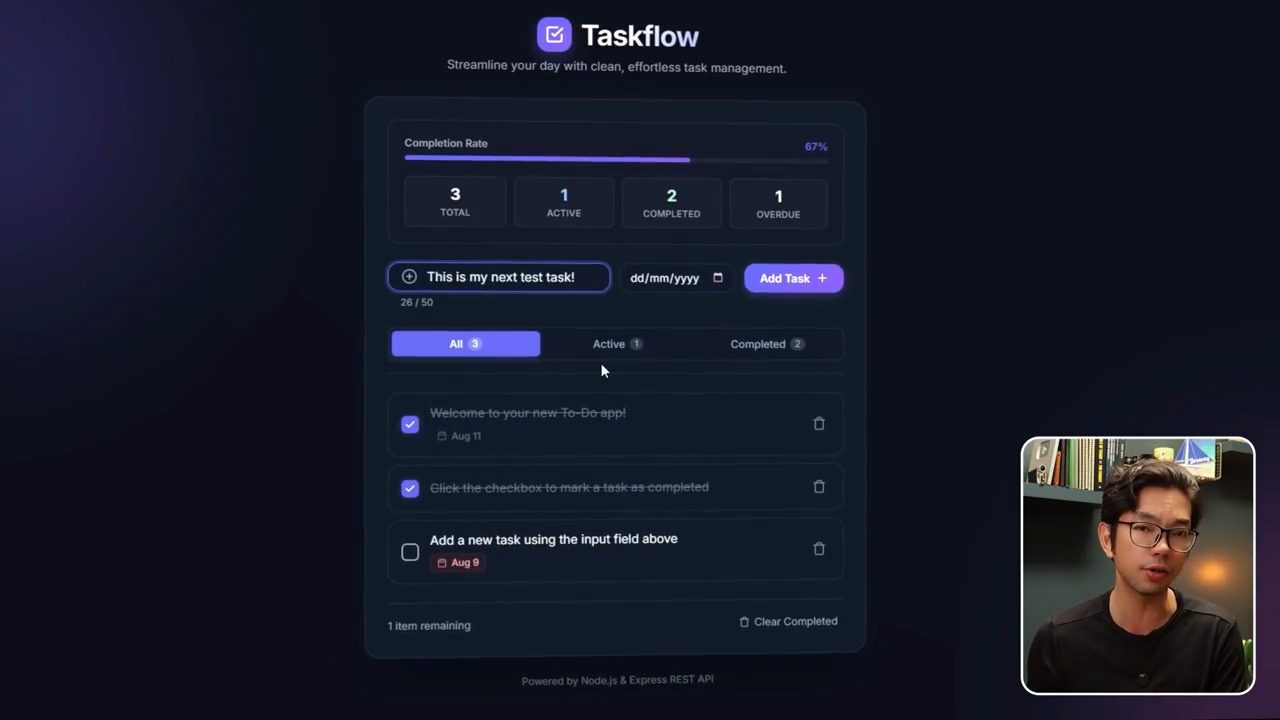 App Taskflow với thanh Completion Rate, bốn ô thống kê, ô chọn ngày và bộ đếm 26 / 50
