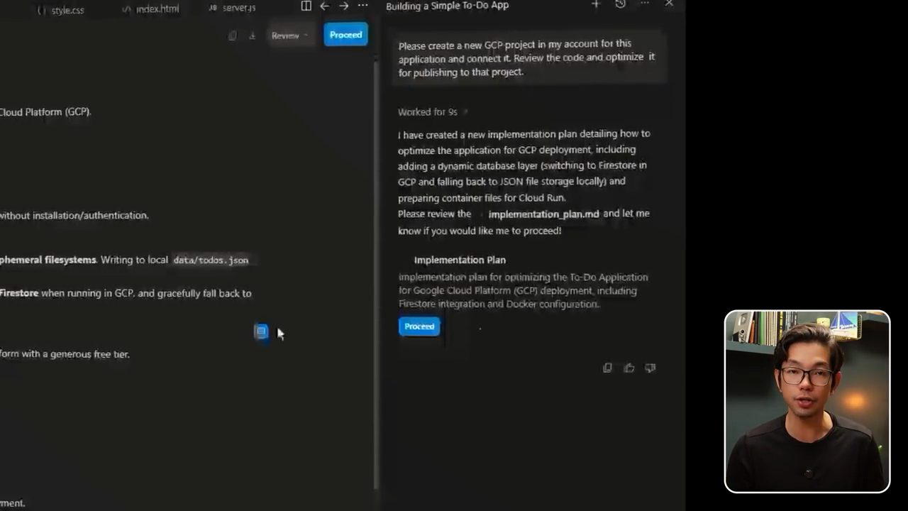 Panel agent với prompt tạo GCP project và plan triển khai dùng Firestore và Cloud Run, có nút Proceed