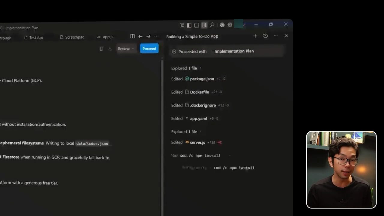 Panel agent sau khi duyệt plan, liệt kê các file đã sửa như package.json, Dockerfile, app.yaml, server.js và lệnh npm install