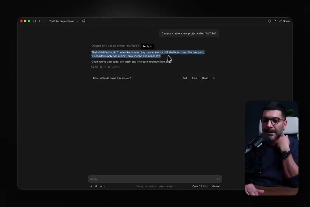 Claude trả lời rằng không tạo được project YouTube vì gói free