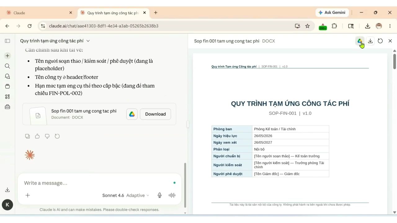 Claude trả về file DOCX Quy trình tạm ứng công tác phí, mã SOP-FIN-001 phiên bản 1.0
