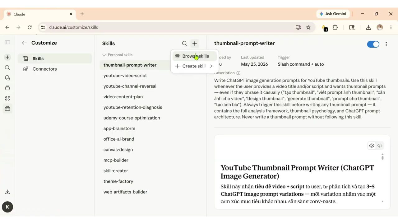 Trang Customize, Skills trên claude.ai với menu Browse skills và Create skill