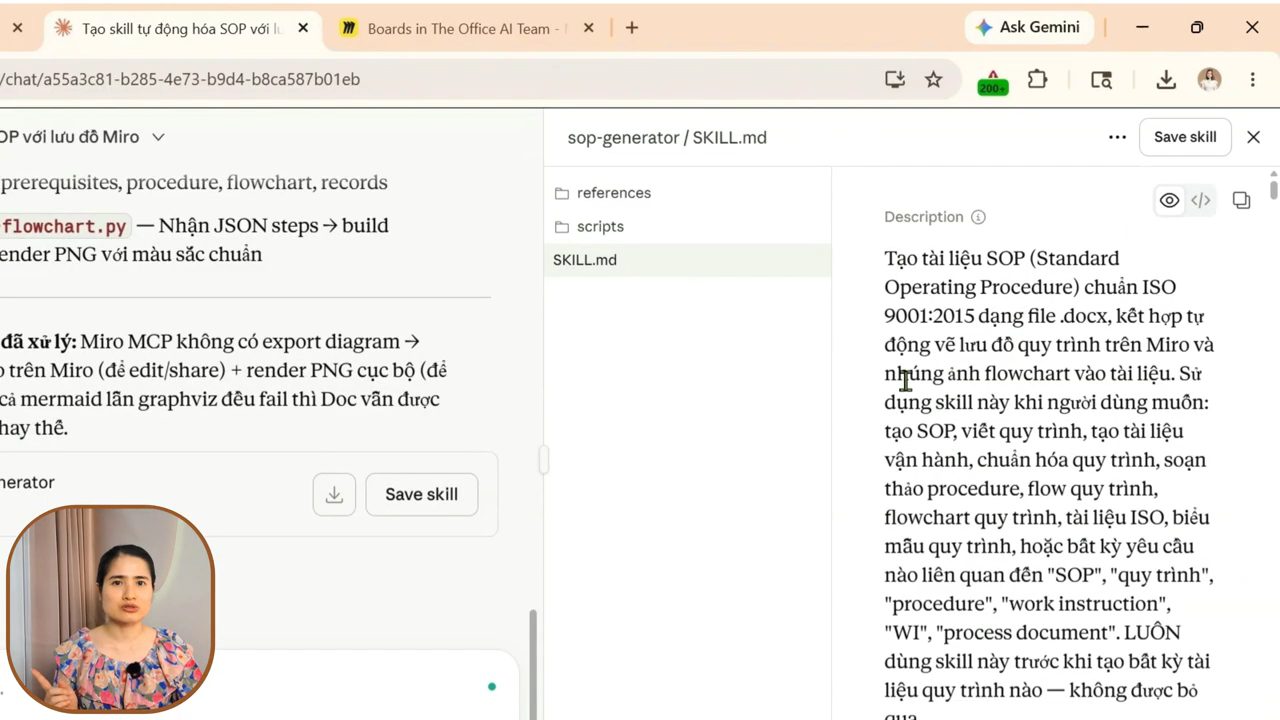 Panel sop-generator / SKILL.md với thư mục references, scripts và phần Description
