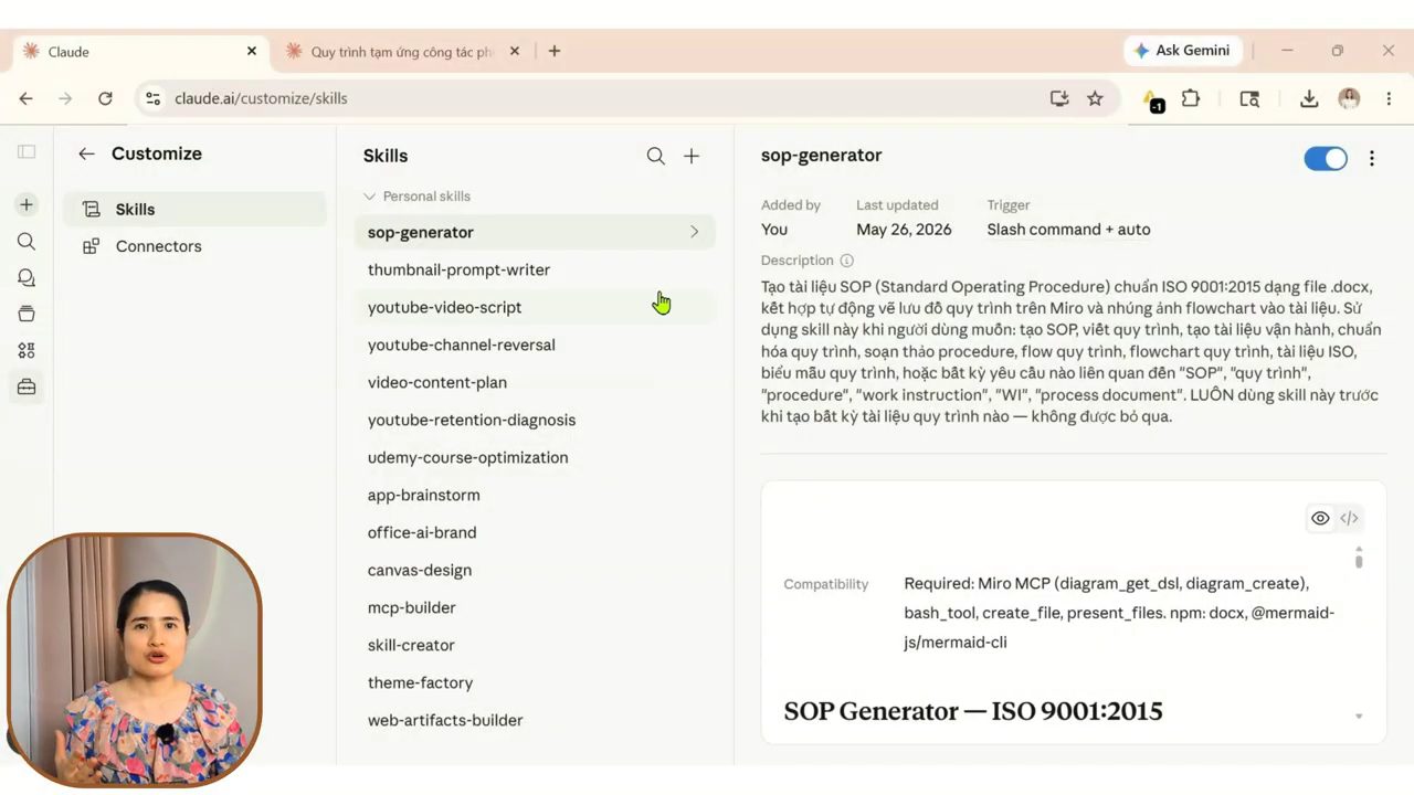 Skill sop-generator trong danh sách Personal skills với phần Compatibility yêu cầu Miro MCP