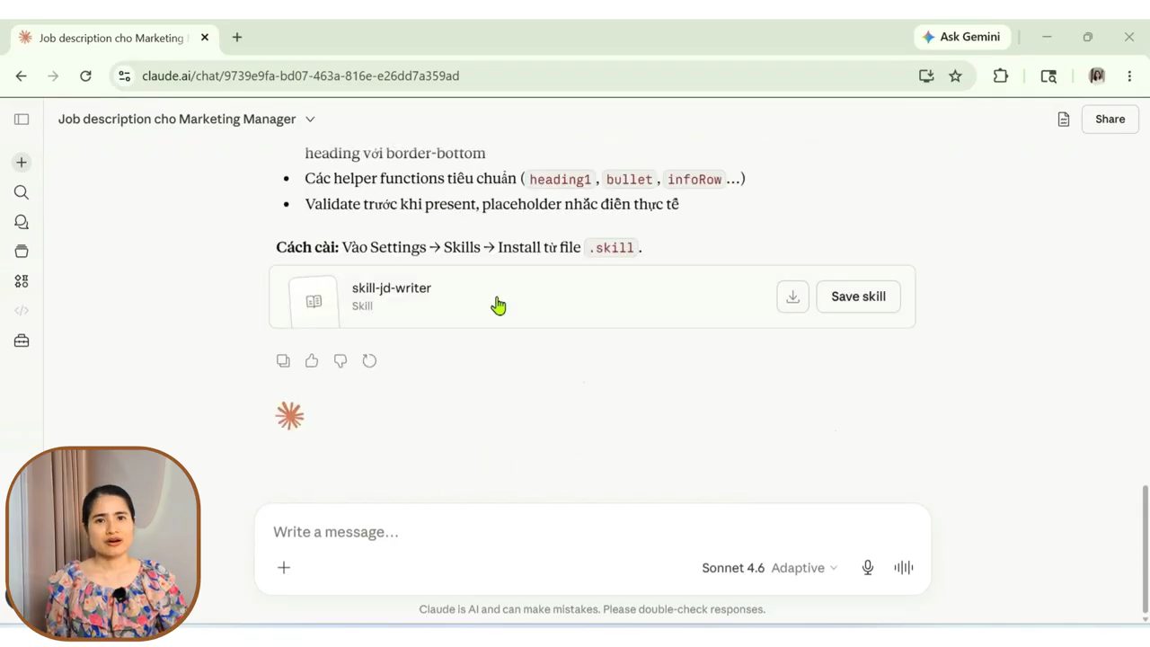 Claude trả về skill-jd-writer với nút Save skill và dòng hướng dẫn cách cài