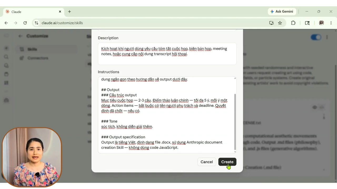 Hộp thoại tạo skill với Description và Instructions gồm Output, Tone, Output specification, con trỏ trên nút Create