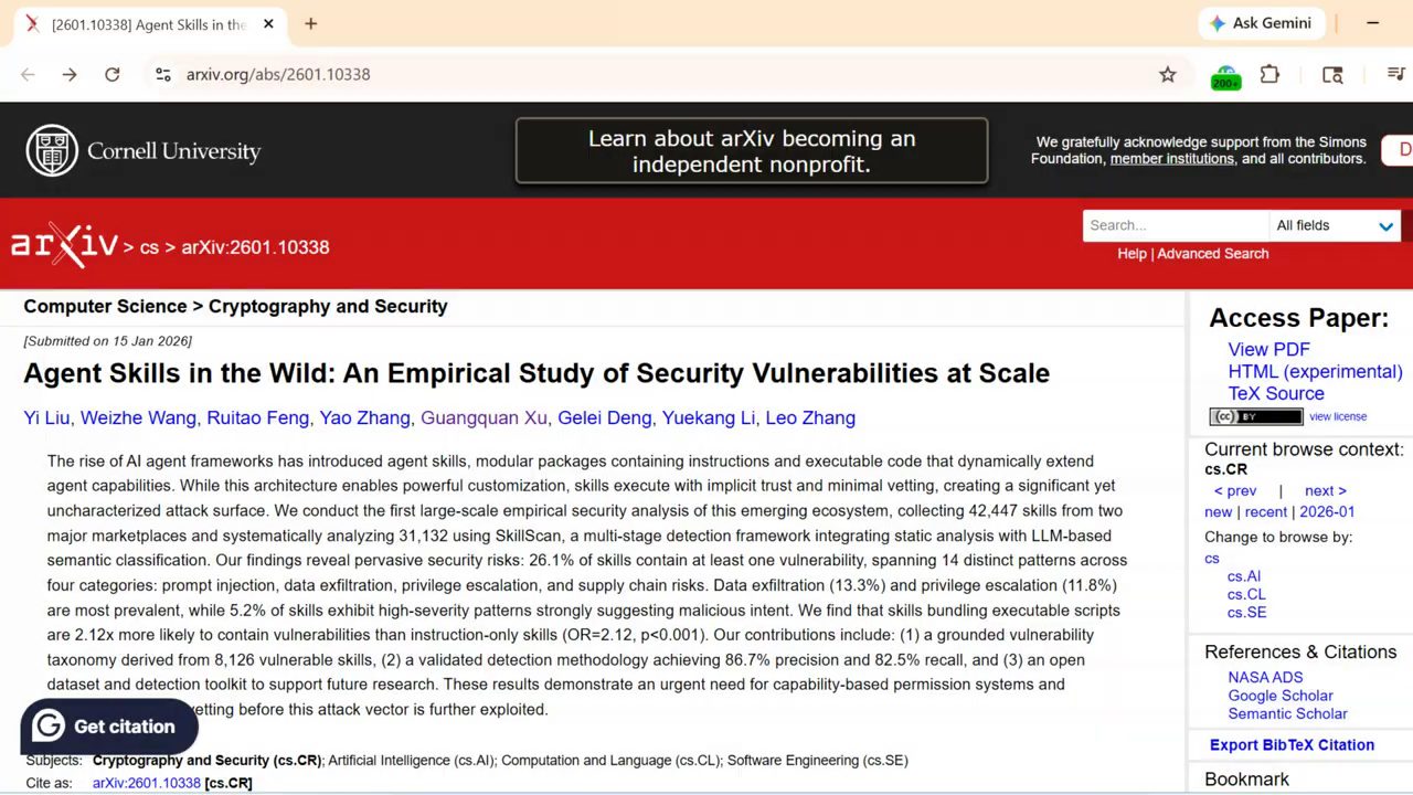 Trang arXiv 2601.10338: Agent Skills in the Wild: An Empirical Study of Security Vulnerabilities at Scale