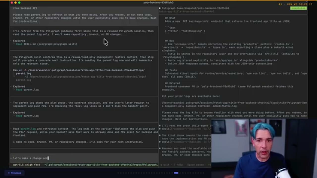 Session được resume bằng Codex, agent đọc lại parent log