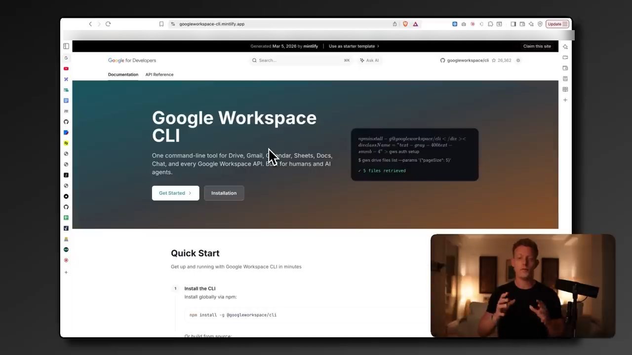 Trang tài liệu Google Workspace CLI với lệnh cài npm