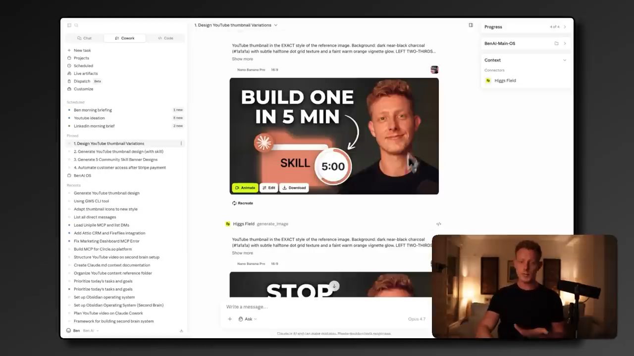 Claude Cowork hiển thị thumbnail Build one in 5 min do Nano Banana Pro tạo qua Higgsfield, với các nút Animate, Edit, Download